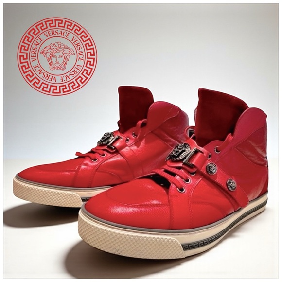 Versace Men's Red High-Top Sneakers with Silver Medusa Accents. Size 9 - Picture 1 of 14